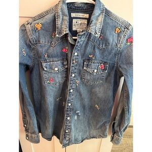 Lucky Brand Womens Floral Embroidered Denim Western Shirt Blue XS True Indigo